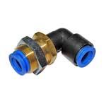 Bulkhead Union Elbow 12mm tube. To connect tubings through a panel and change the tubing entry by 90°. ES6016